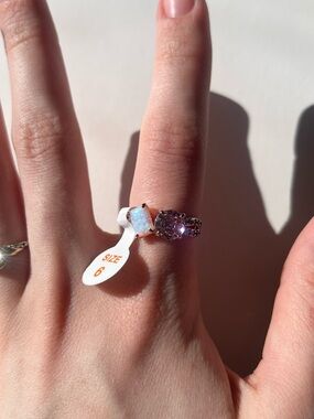Genuine Rose Gold- Opal and Purple Crystal Double-Stack Ring - Size 6
